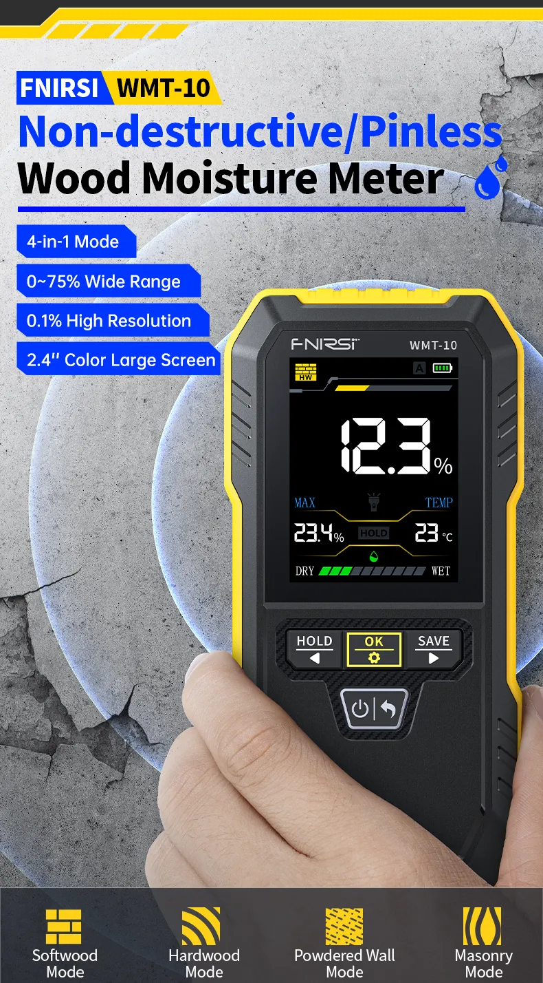 FNIRSI WMT-10 Moisture Meter 2.4 Inch TFT Screen High Precision 0.1% Resolution Rechargeable Battery for Wood Wall Detection FNIRSI WMT-10 Moisture Meter 2.4 Inch TFT Screen High Precision 0.1% Resolution Rechargeable Battery for Wood Wall Detection
