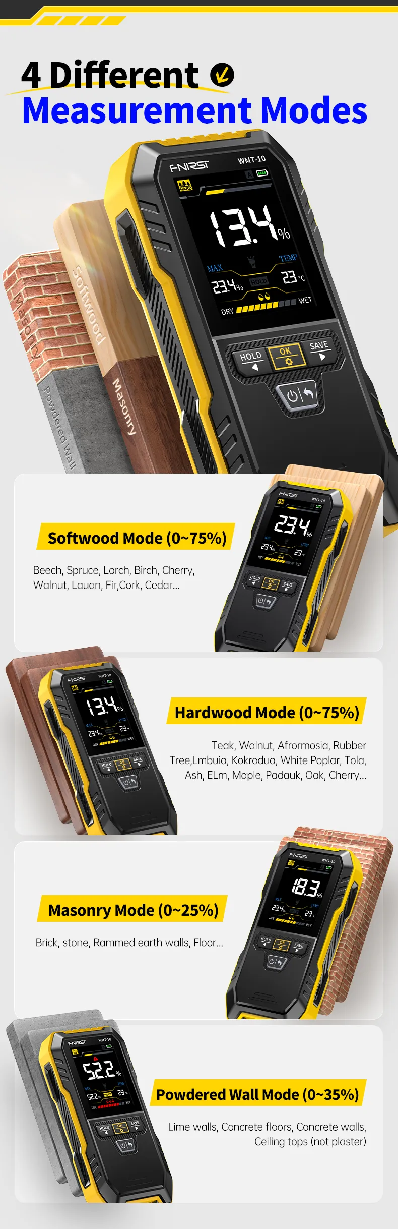 FNIRSI WMT-10 Moisture Meter 2.4 Inch TFT Screen High Precision 0.1% Resolution Rechargeable Battery for Wood Wall Detection FNIRSI WMT-10 Moisture Meter 2.4 Inch TFT Screen High Precision 0.1% Resolution Rechargeable Battery for Wood Wall Detection