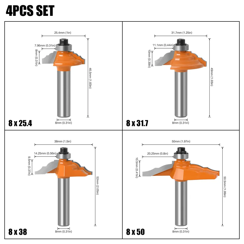 4PCS 8mm Shank Roman Ogee Edge Forming Router Bit Set Classical and Bead Molding and Edging Router Bit 25.4mm/31.7mm/38mm/50mm Cutting Dia