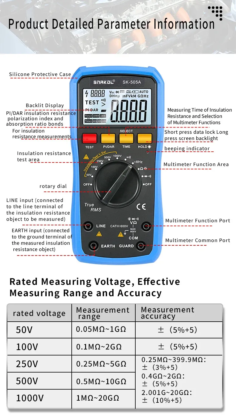 Snakol SK-505A 2in1 Digital Multimeter Insulation Resistance Tester 1000V Megohmmeter Backlit LCD PI/DAR Testing High Accuracy