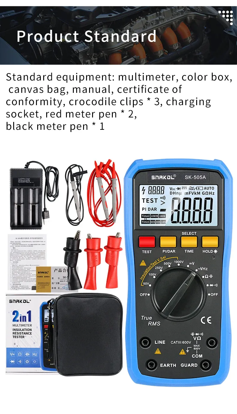 Snakol SK-505A 2in1 Digital Multimeter Insulation Resistance Tester 1000V Megohmmeter Backlit LCD PI/DAR Testing High Accuracy