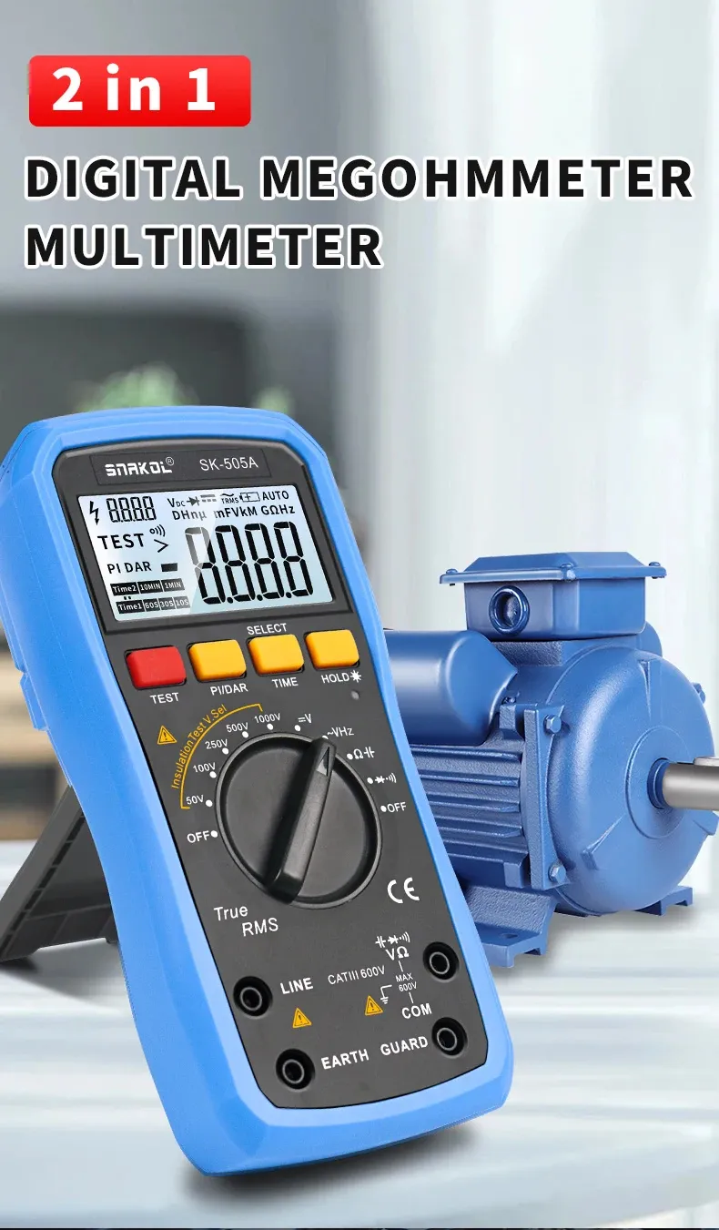 Snakol SK-505A 2in1 Digital Multimeter Insulation Resistance Tester 1000V Megohmmeter Backlit LCD PI/DAR Testing High Accuracy