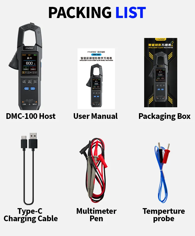 FNIRSI DMC-100 DC AC 600A Current Clamp Meter 10000 Counts Digital Multimeter USB Charger Amperimetric Clamp Electrician Tools FNIRSI DMC-100 DC AC 600A Current Clamp Meter 10000 Counts Digital Multimeter USB Charger Amperimetric Clamp Electrician Tools