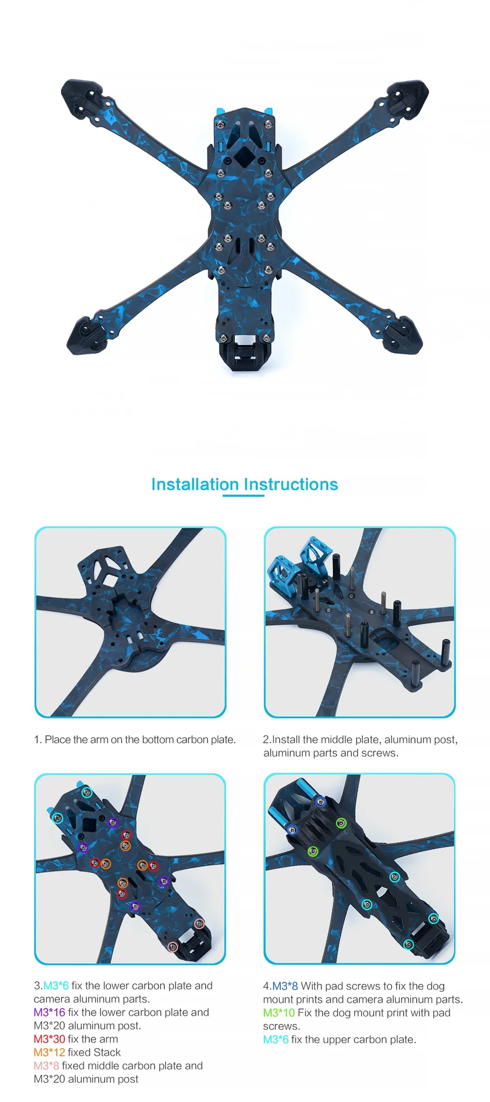 Asixflying Manta 5 SE 223mm Wheelbase T700 Carbon Fiber Plate Frame Kit Compatible DJI O3/19mm Camera for FPV Racing Drones