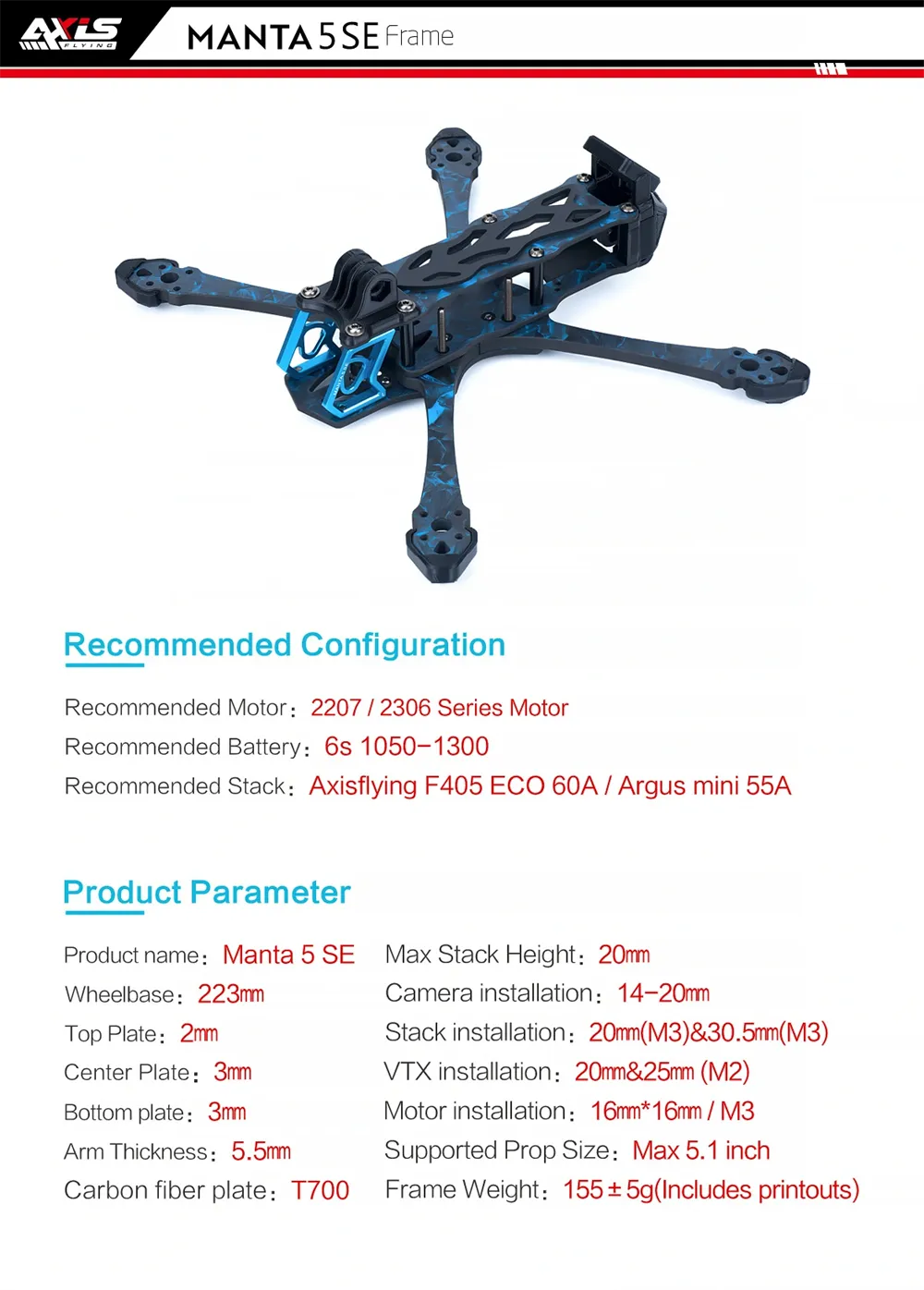 Asixflying Manta 5 SE 223mm Wheelbase T700 Carbon Fiber Plate Frame Kit Compatible DJI O3/19mm Camera for FPV Racing Drones