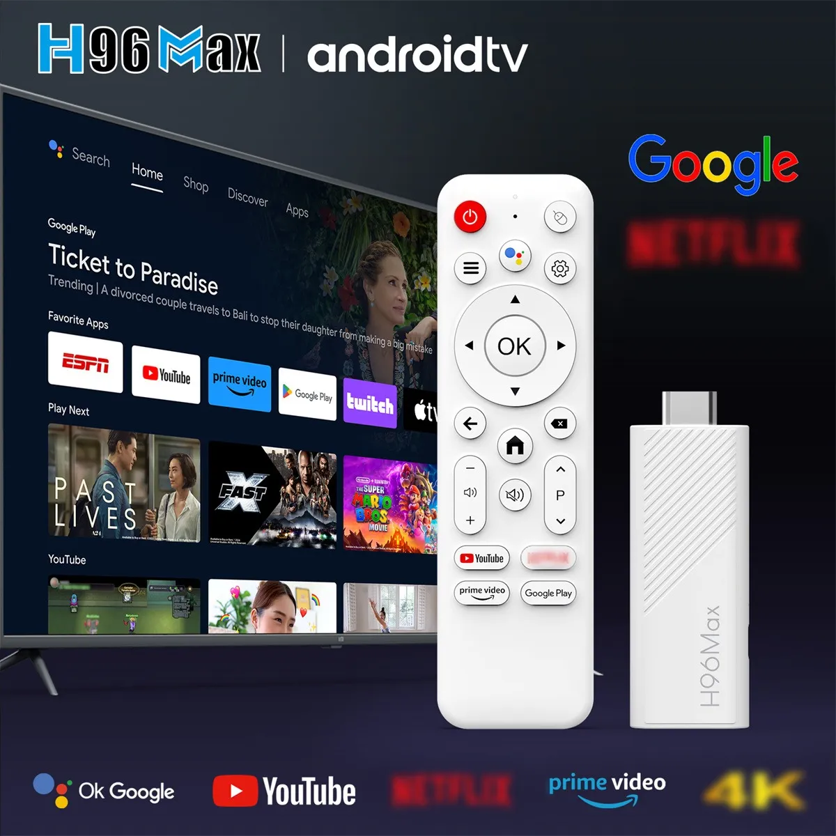 H96Max 2+16G H313 Smart TV Stick Android 10.0 3D 4K UHD Support WiFi6 & BT5.0 Media Player Google TV Receiver Set Top Box