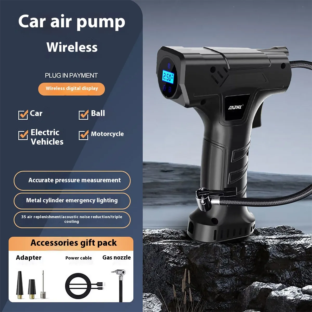 150PSI Portable Car Tire Inflator Pump Cordless Car Air Pump with LCD Digital Display LED Emergency Lighting for Car Motorcycle Bike Ball