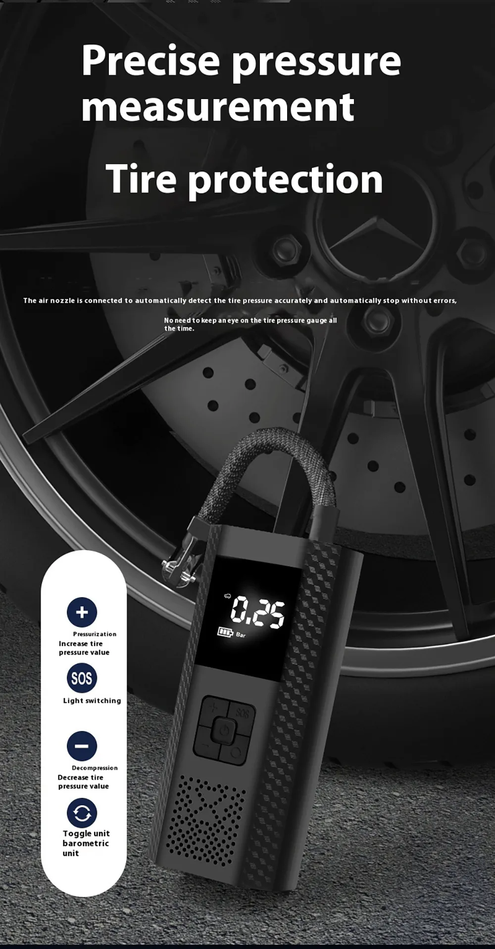 6000mAh Tire Inflator Power Bank Intelligent Car Air Pump Intelligent Air Pump Car Bicycle Tire Air Pump Night with LED Emergency Light