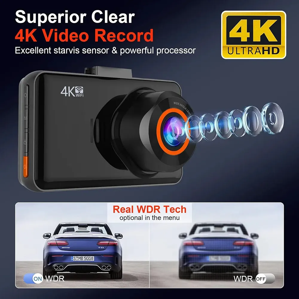 3-Inch Dash Cam Front 4K UHD Rear 1080P 170° Dual-Lens WiFi Driving Recorder HD Dual Recording Car Front Windshield DVR G-Sensor