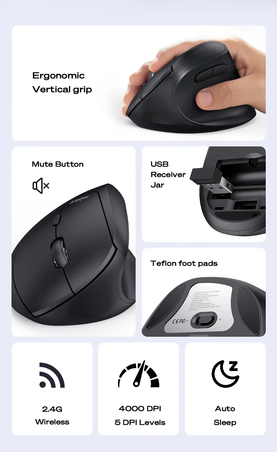MBlue M206 PRO Wireless Gaming Mouse 800-4000DPI Silent Button Optical Vertical Ergonomic Gamer Mice for Desktop PC Laptop Computer