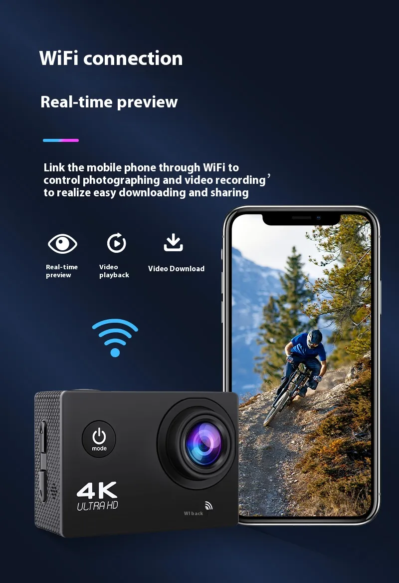 AUSEK 4K 30FPS HD Action Camera 30M Waterproof Protection Sports Camera Support WIFI for Mountain Climbing Scuba Diving Skiing