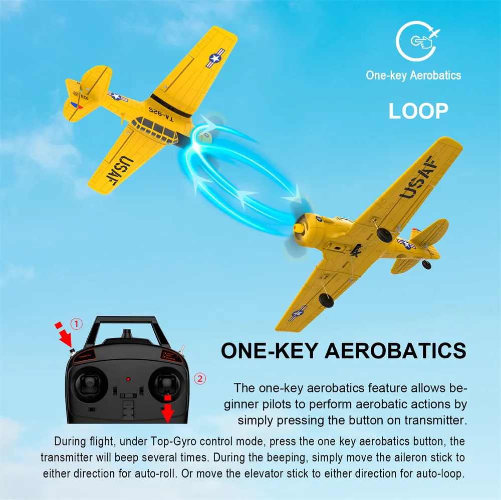 TOP RC HOBBY AT-6 2.4GHz 4CH 450mm Wingspan EPP 6-Axis Gyro One-Key U-Turn Aerobatic RC Airplane RTF for Beginners TOP RC HOBBY AT-6 2.4GHz 4CH 450mm Wingspan EPP 6-Axis Gyro One-Key U-Turn Aerobatic RC Airplane RTF for Beginners