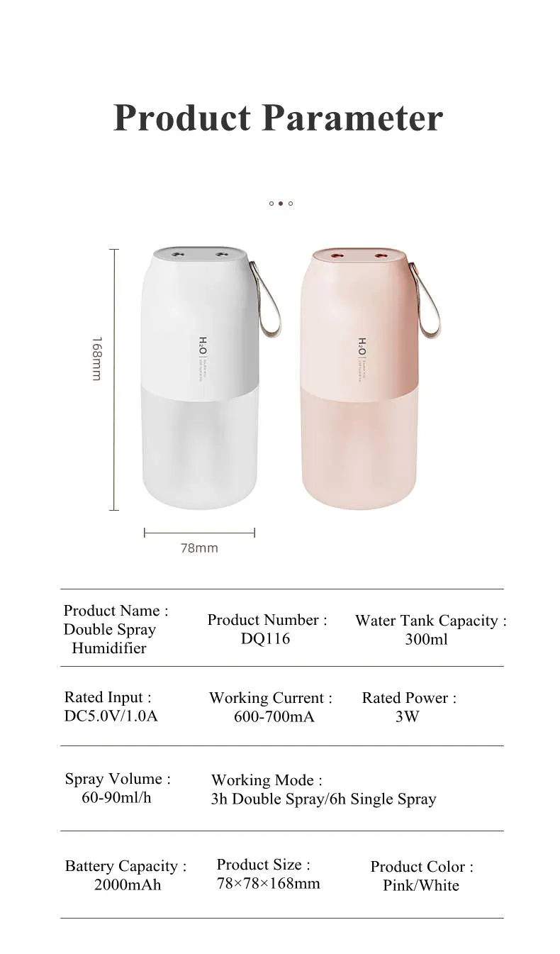 Vissko Portable Night Light Humidifier USB Rechargeable Dual Mist Air Humidifier 300ml Cool Mist Diffuser Car Air Purifier Mini Air Freshener