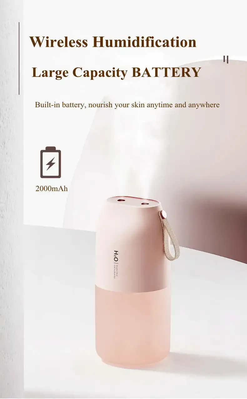 Vissko Portable Night Light Humidifier USB Rechargeable Dual Mist Air Humidifier 300ml Cool Mist Diffuser Car Air Purifier Mini Air Freshener