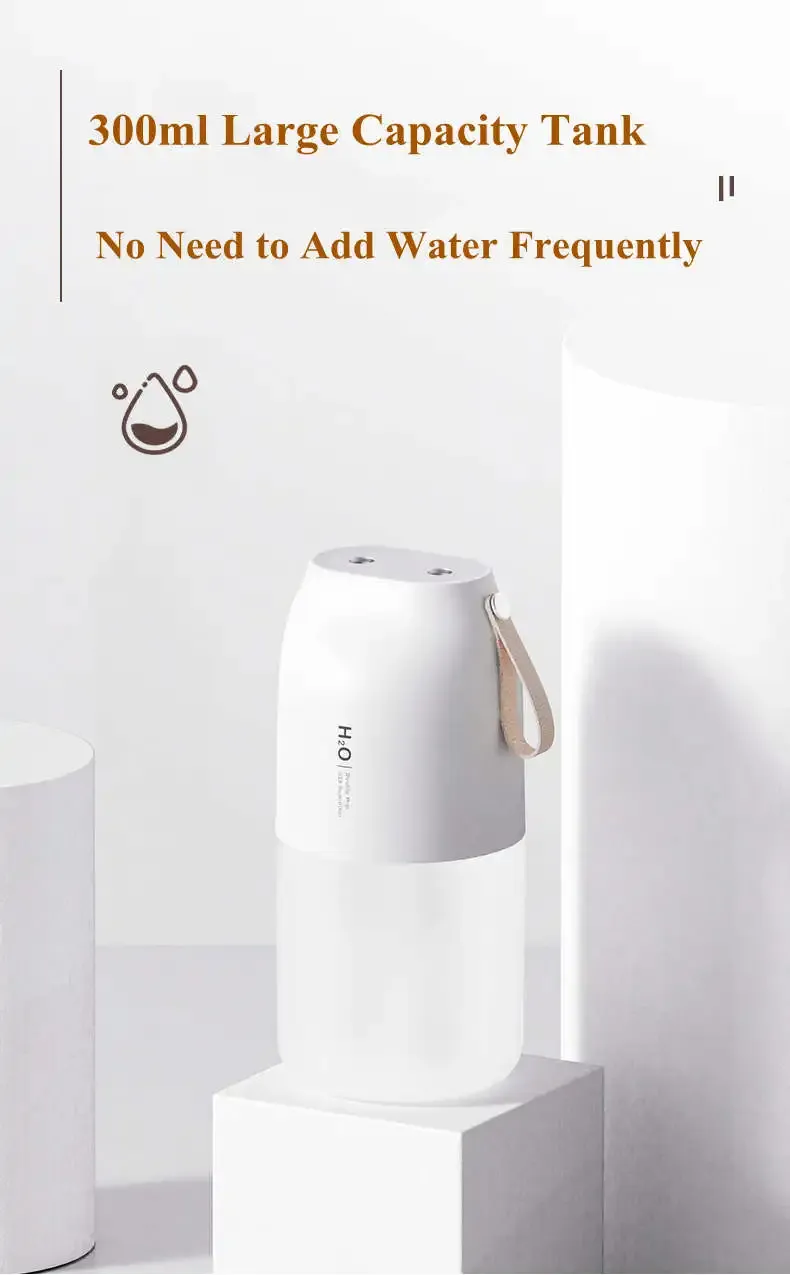 Vissko Portable Night Light Humidifier USB Rechargeable Dual Mist Air Humidifier 300ml Cool Mist Diffuser Car Air Purifier Mini Air Freshener