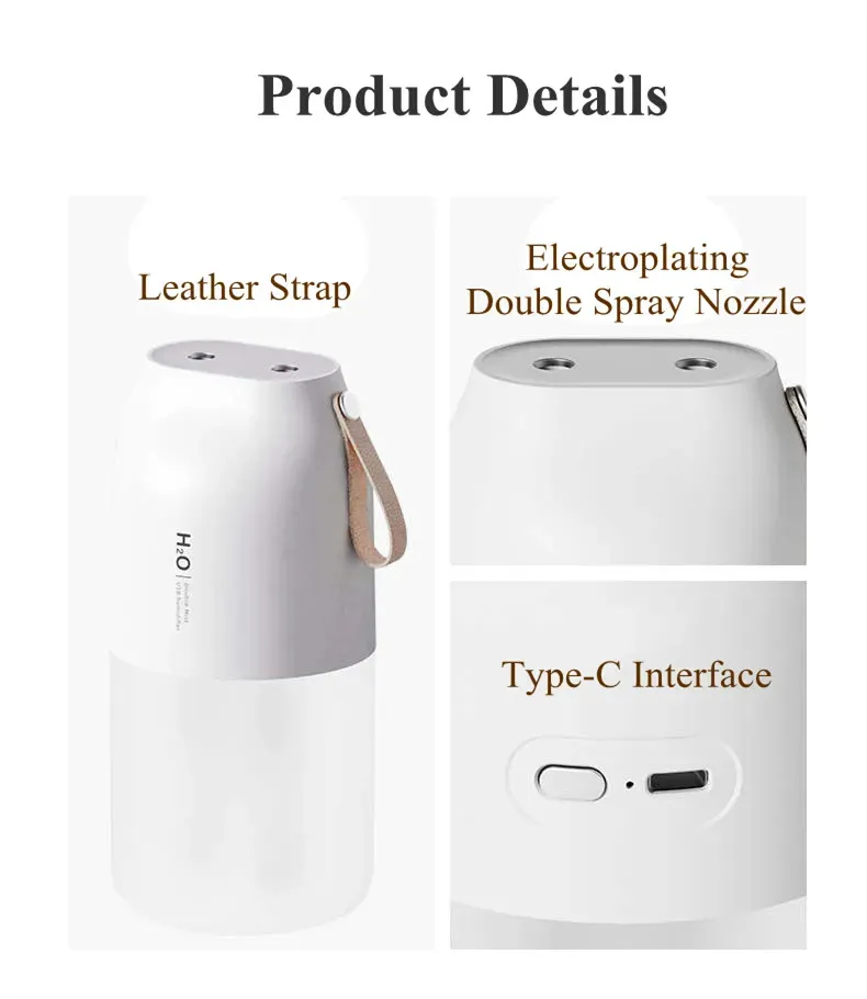 Vissko Portable Night Light Humidifier USB Rechargeable Dual Mist Air Humidifier 300ml Cool Mist Diffuser Car Air Purifier Mini Air Freshener