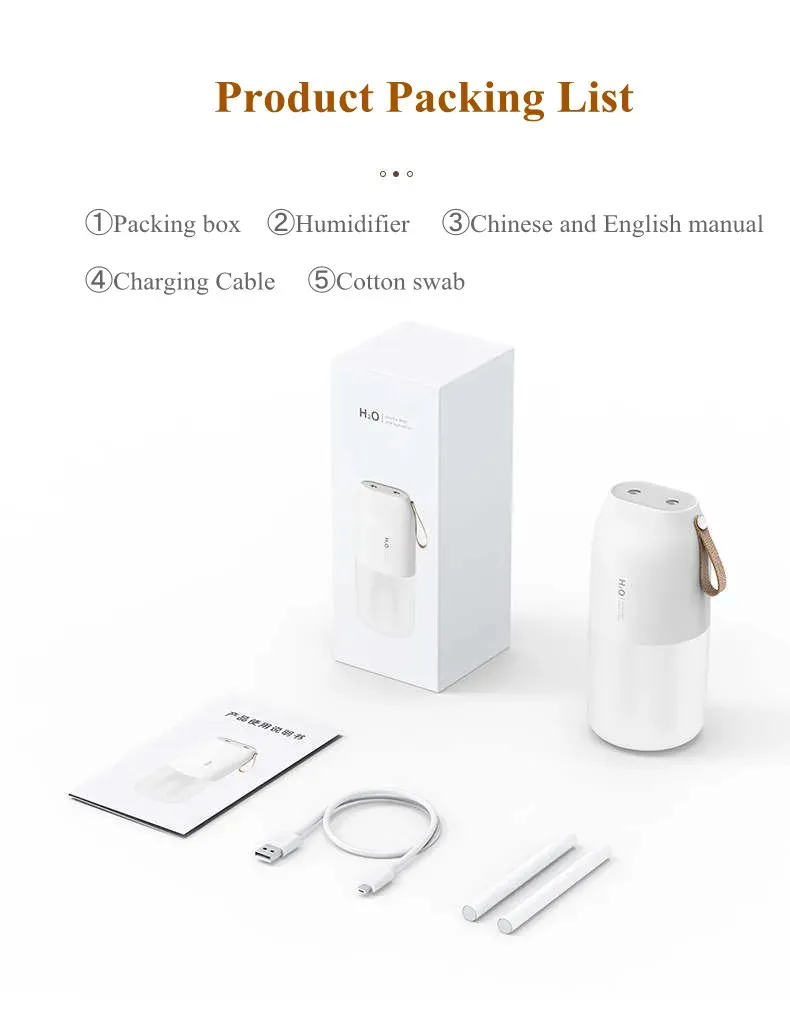 Vissko Portable Night Light Humidifier USB Rechargeable Dual Mist Air Humidifier 300ml Cool Mist Diffuser Car Air Purifier Mini Air Freshener