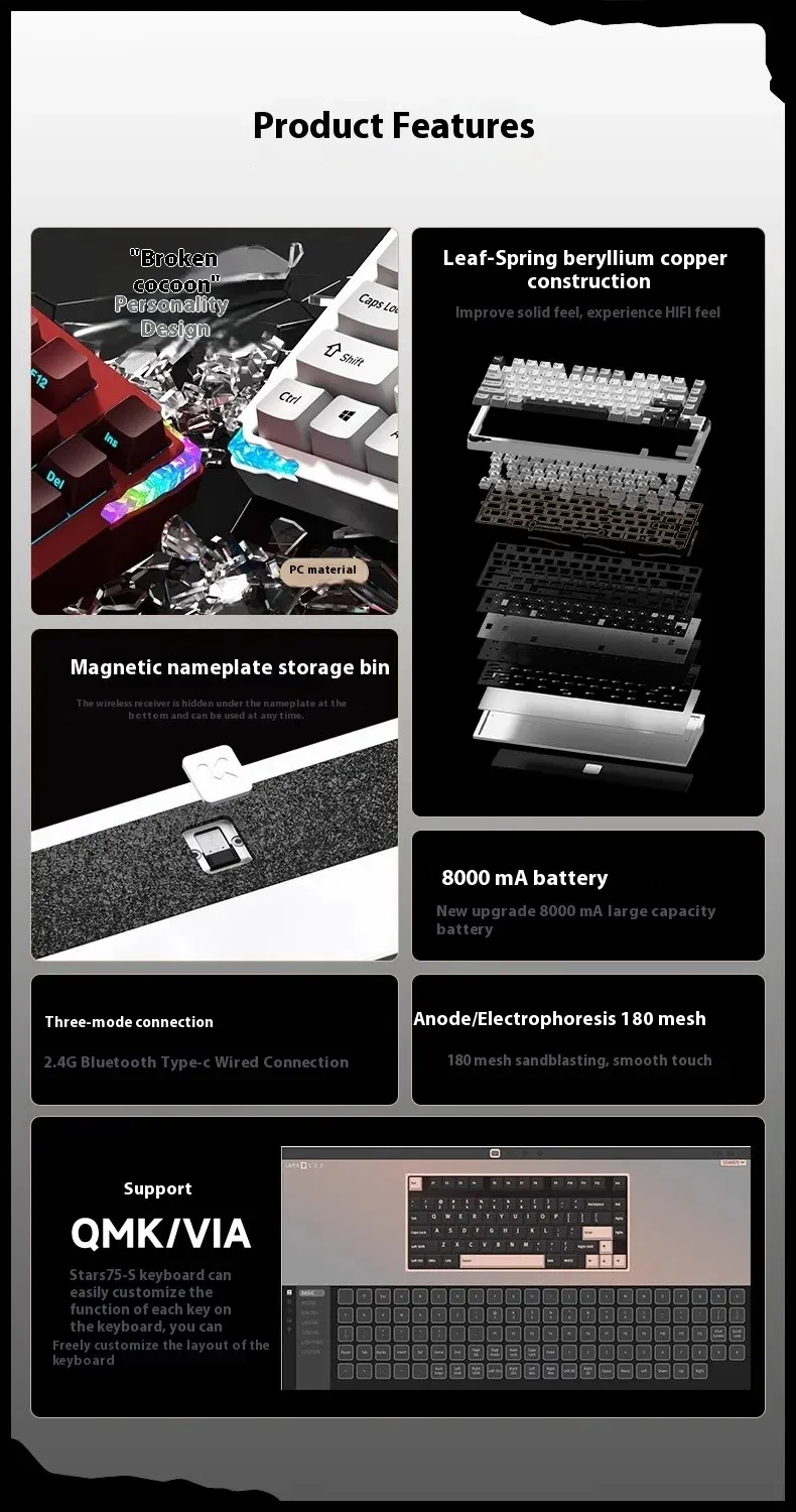 WEIKAV Stars-75 Mechanical Keyboard 3-mode Wireless Aluminum Alloy 75% Layout Gasket Structure Hot-swap RGB Customized Gaming Keybaord