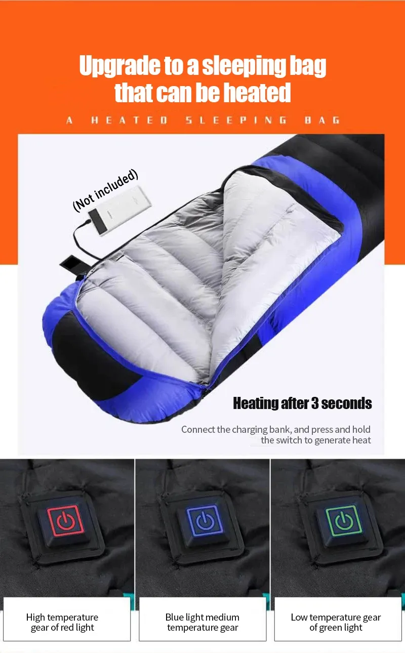 Camping Heated Sleeping Bag For Winter USB Charging 4 Heating Zones Heating Pads Portable 3 Temperature Adjustable Sleep Bag