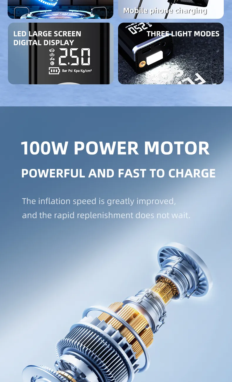 150PSI Multi-Functional Car Tire Inflator High-Pressure Portable Fast inflation Air Pump Built-in LED Emergency Light