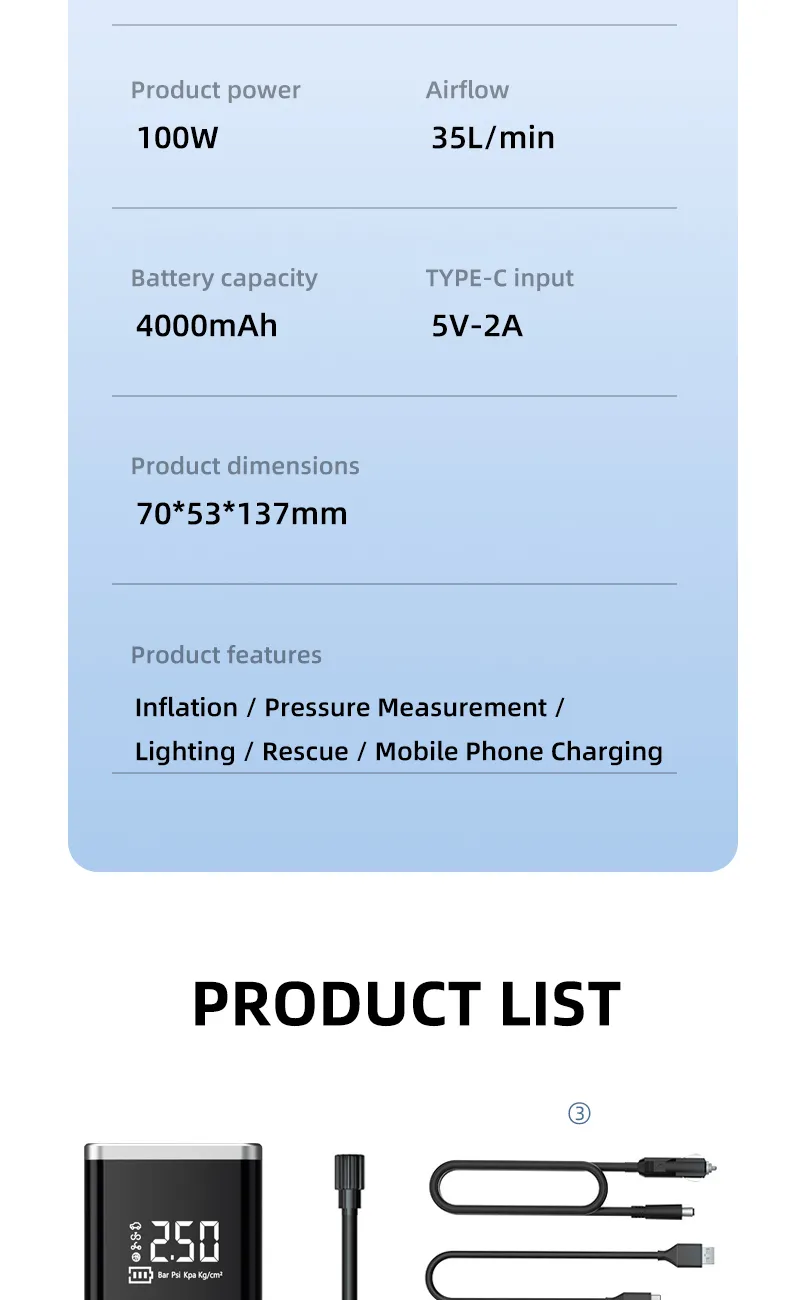 150PSI Multi-Functional Car Tire Inflator High-Pressure Portable Fast inflation Air Pump Built-in LED Emergency Light