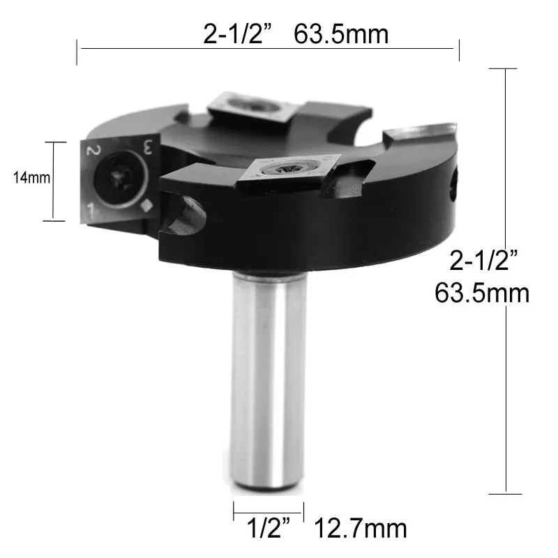 12mm 1/2 Inch Shank 4 Flutes Carbide Insert Spoilboard Surfacing Router Bit Slab Flattening Router Bit 2-1/2 63.5mm Cutting Diameter for Woodworking Planing