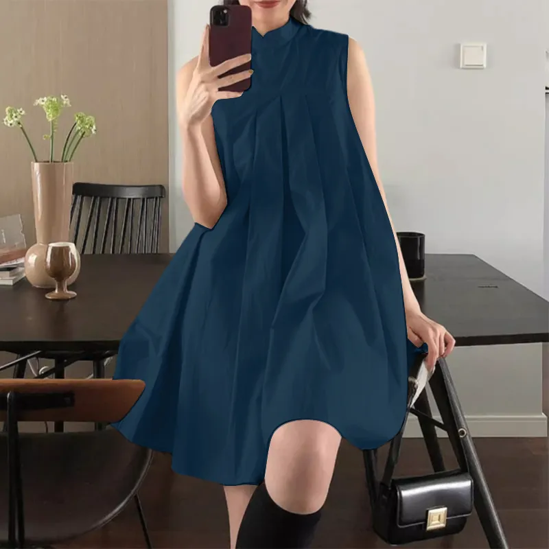ZANZEA Women Elegant Stand Collar Sundress Sleeveless A-Line Midi Party Prom Dress