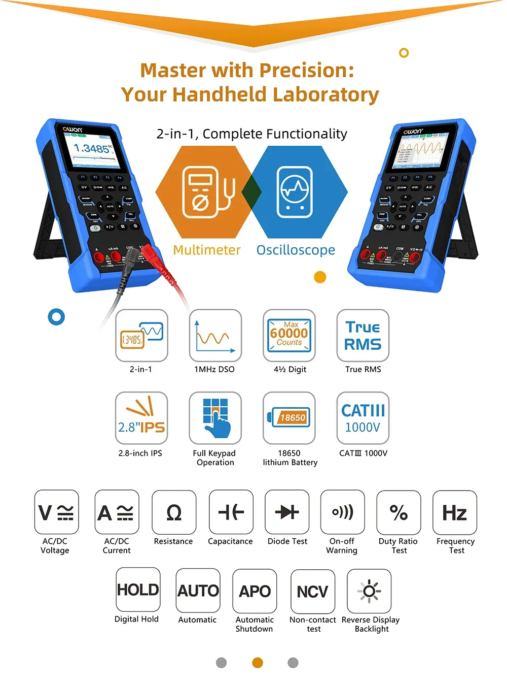 2in1 OWON HDS160 Oscilloscope Multimeter 60000 Counts True RMS 1MHz 1 Channel AC DC Voltage Current Tester 2.8 LCD CATIII 1000V 2in1 OWON HDS160 Oscilloscope Multimeter 60000 Counts True RMS 1MHz 1 Channel AC DC Voltage Current Tester 2.8 LCD CATIII 1000V