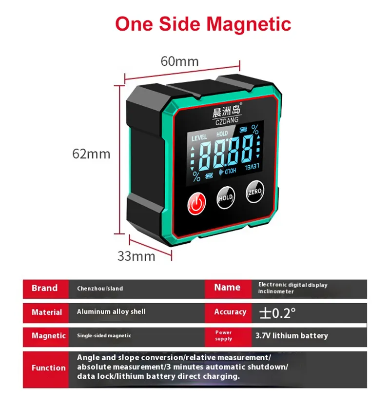 CZDang Digital Display Inclinometer Four-sided magnet Angle Finder Bevel Gauge Protractor with 1.8FSTN Screen Rechargeable Battery Four-Sided Magnets Type-C Charging