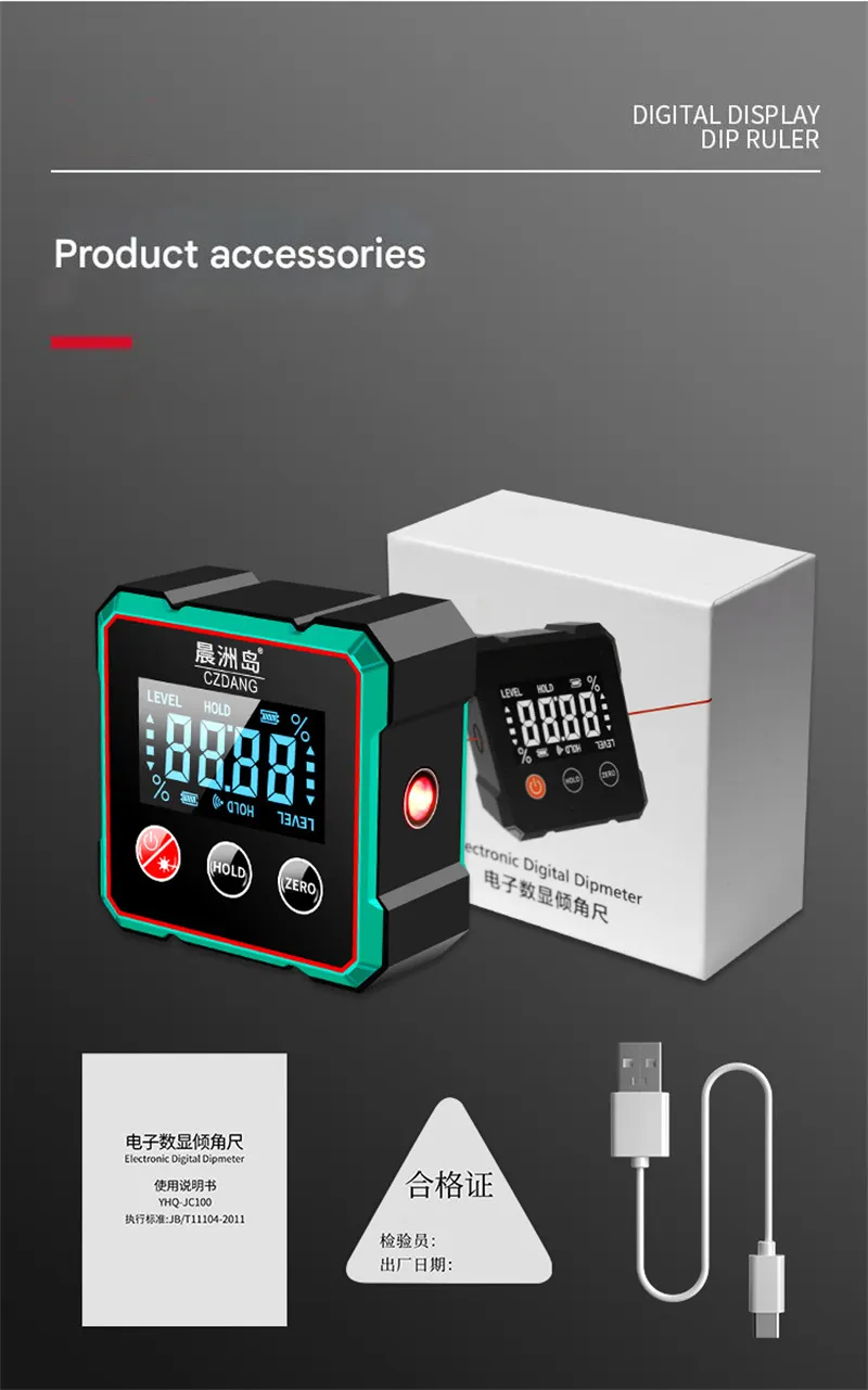 CZDang Digital Display Inclinometer Four-sided magnet Angle Finder Bevel Gauge Protractor with 1.8FSTN Screen Rechargeable Battery Four-Sided Magnets Type-C Charging