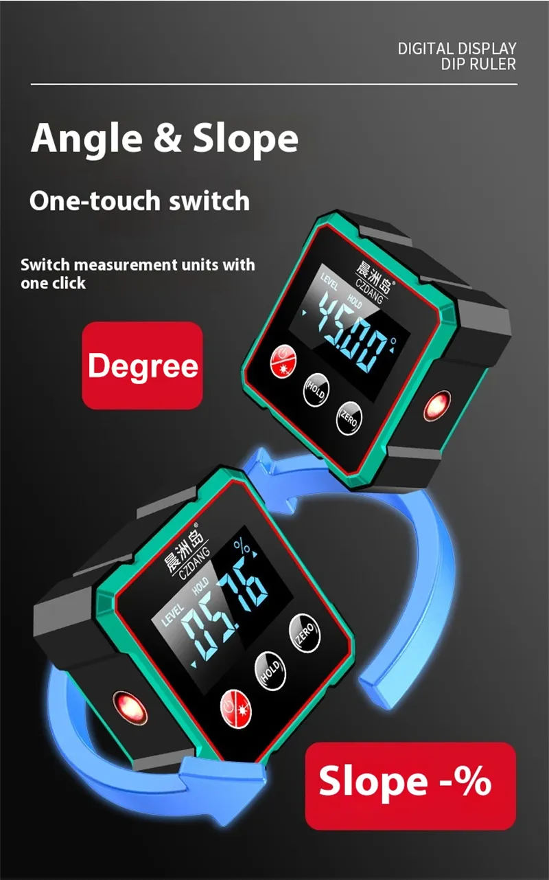 CZDang Digital Display Inclinometer Four-sided magnet Angle Finder Bevel Gauge Protractor with 1.8FSTN Screen Rechargeable Battery Four-Sided Magnets Type-C Charging