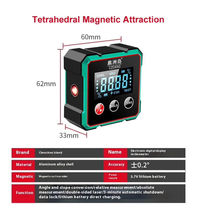 CZDang Digital Display Inclinometer Four-sided magnet Angle Finder Bevel Gauge Protractor with 1.8FSTN Screen Rechargeable Battery Four-Sided Magnets Type-C Charging