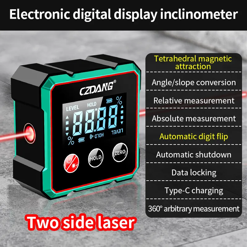 CZDang Digital Display Inclinometer Four-sided magnet Angle Finder Bevel Gauge Protractor with 1.8FSTN Screen Rechargeable Battery Four-Sided Magnets Type-C Charging