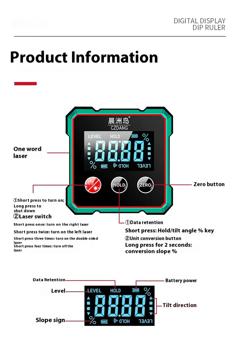 CZDang Digital Display Inclinometer Four-sided magnet Angle Finder Bevel Gauge Protractor with 1.8FSTN Screen Rechargeable Battery Four-Sided Magnets Type-C Charging