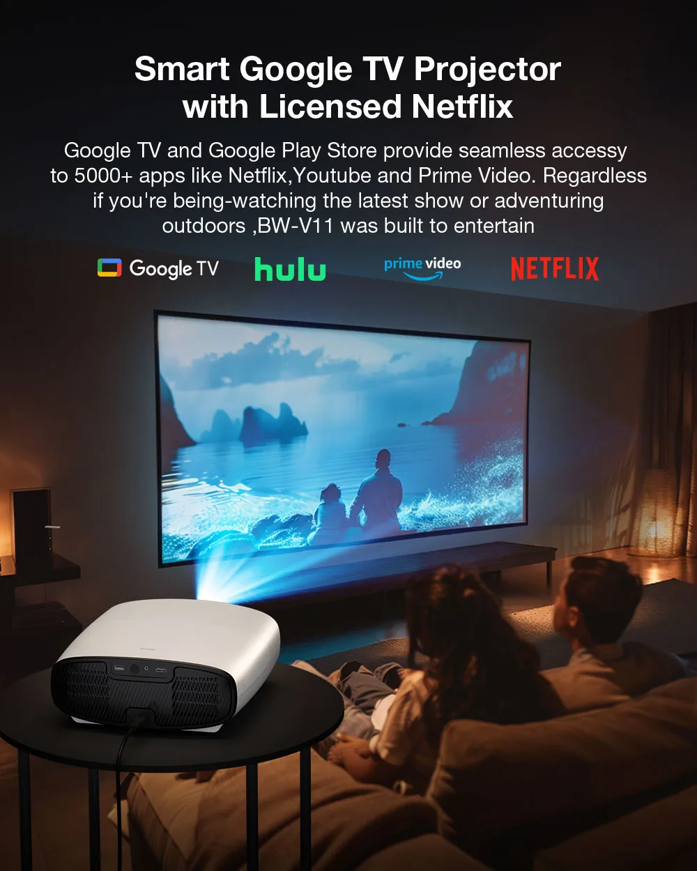 Blitzwolf BW-V11 Dolby Vision Projector with Google TV Licensed Netflix Fully Sealed Optical Engine 4K Support 1100 ANSI Lumens 1080P HDR10 Auto Keystone Correction 20W Subwoofer Surround