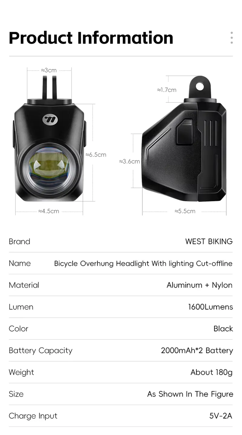WEST BIKING Wireless Remote Bike Overhang Light 1600 Lumen Super Bright Lighting Cut-Offline Safe Design IP66 Waterproof Type-C Hanging Bicycle Headlight Flashlight WEST BIKING Wireless Remote Bike Overhang Light 1600 Lumen Super Bright Lighting Cut-Offline Safe Design IP66 Waterproof Type-C Hanging Bicycle Headlight Flashlight