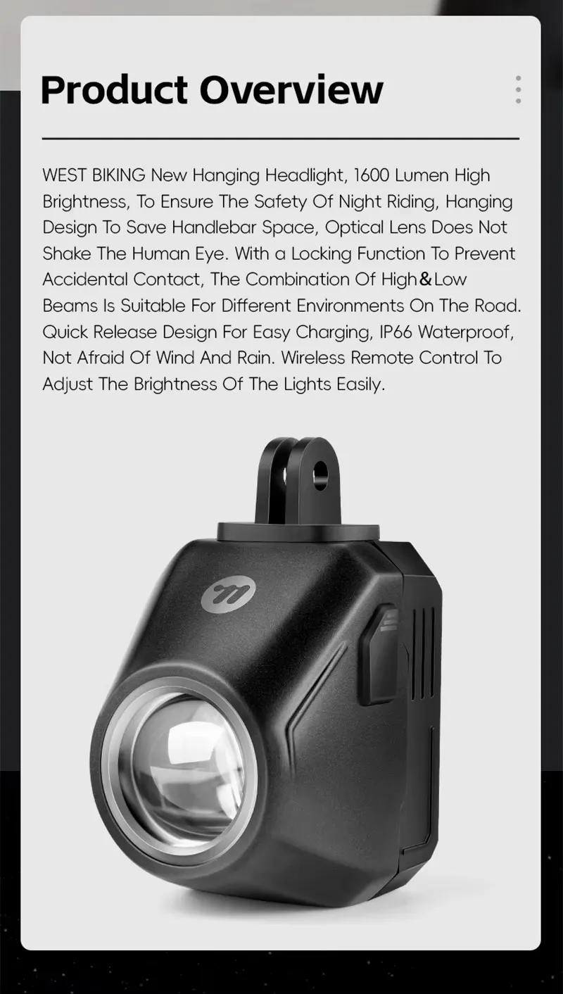 WEST BIKING Wireless Remote Bike Overhang Light 1600 Lumen Super Bright Lighting Cut-Offline Safe Design IP66 Waterproof Type-C Hanging Bicycle Headlight Flashlight WEST BIKING Wireless Remote Bike Overhang Light 1600 Lumen Super Bright Lighting Cut-Offline Safe Design IP66 Waterproof Type-C Hanging Bicycle Headlight Flashlight