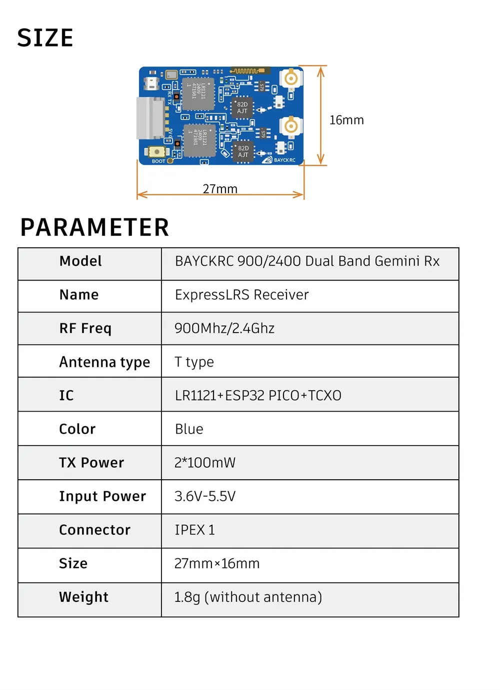 BAYCKRC 900/2400 900MHz/2.4GHz Dual Band Gemini RX ExpressLRS Receiver for FPV Racer Drone
