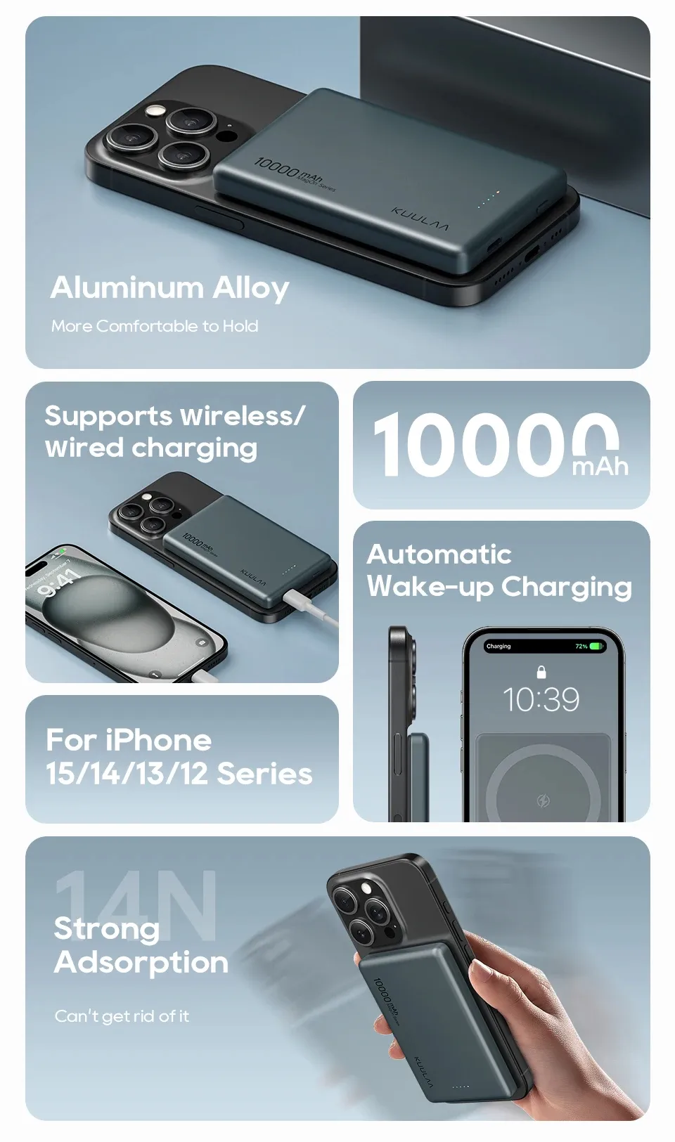 KUULAA Magsafes 20W 38.5Wh 10000mAh Power Bank Support Wireless/Wired Charging External Battery Power Supply with 1 Input & 2 Outputs Fast Charging for iPhone 16 16 Pro 15 14 13 Pro Max for Huawei Mate XT for Samsung Galaxy Z Flip6