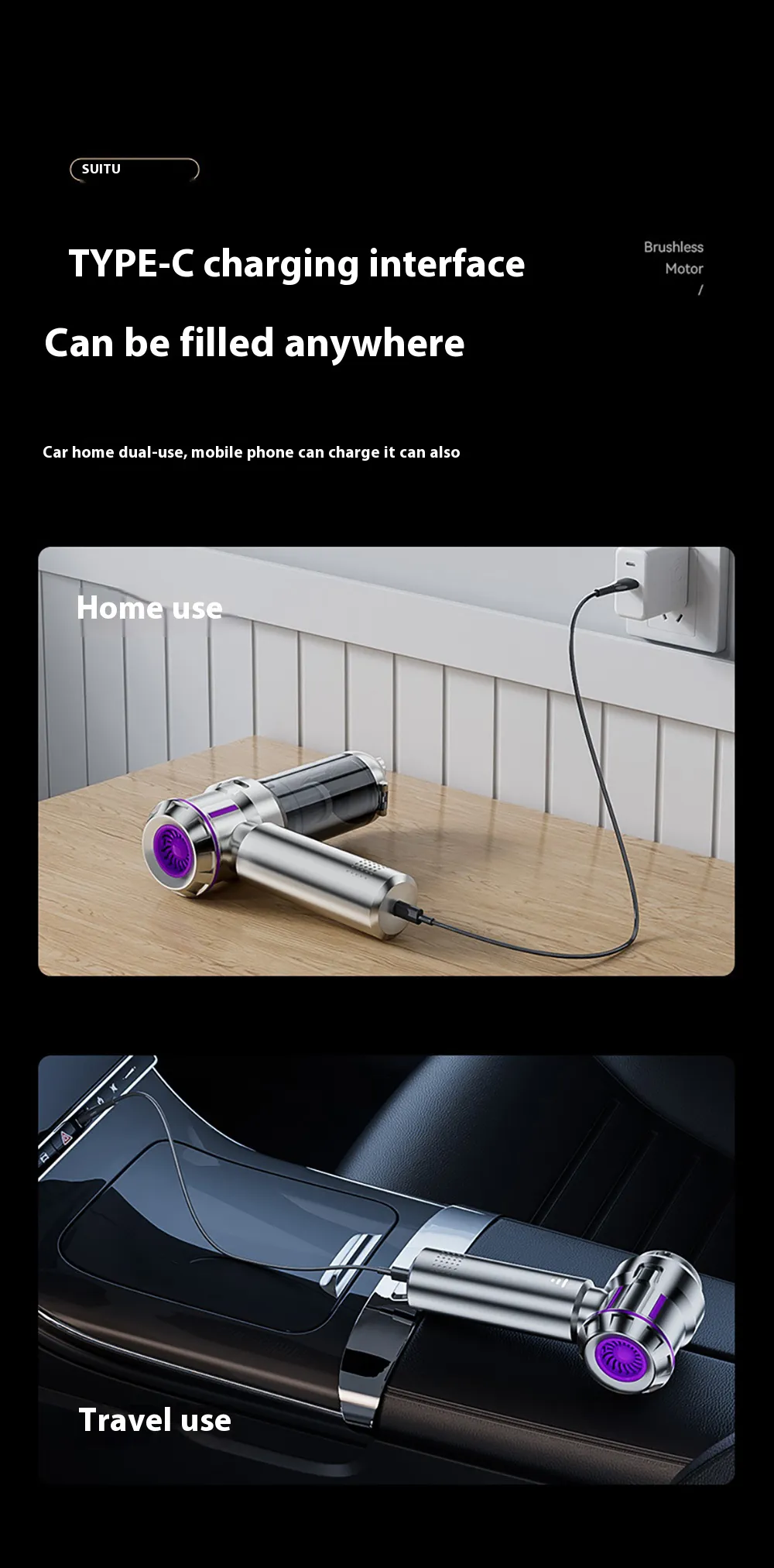 SUITU 100W Brushless Wireless Car Vacuum Cleaner Powerful Suction Wet & Dry Handheld Cleaning Auto Home