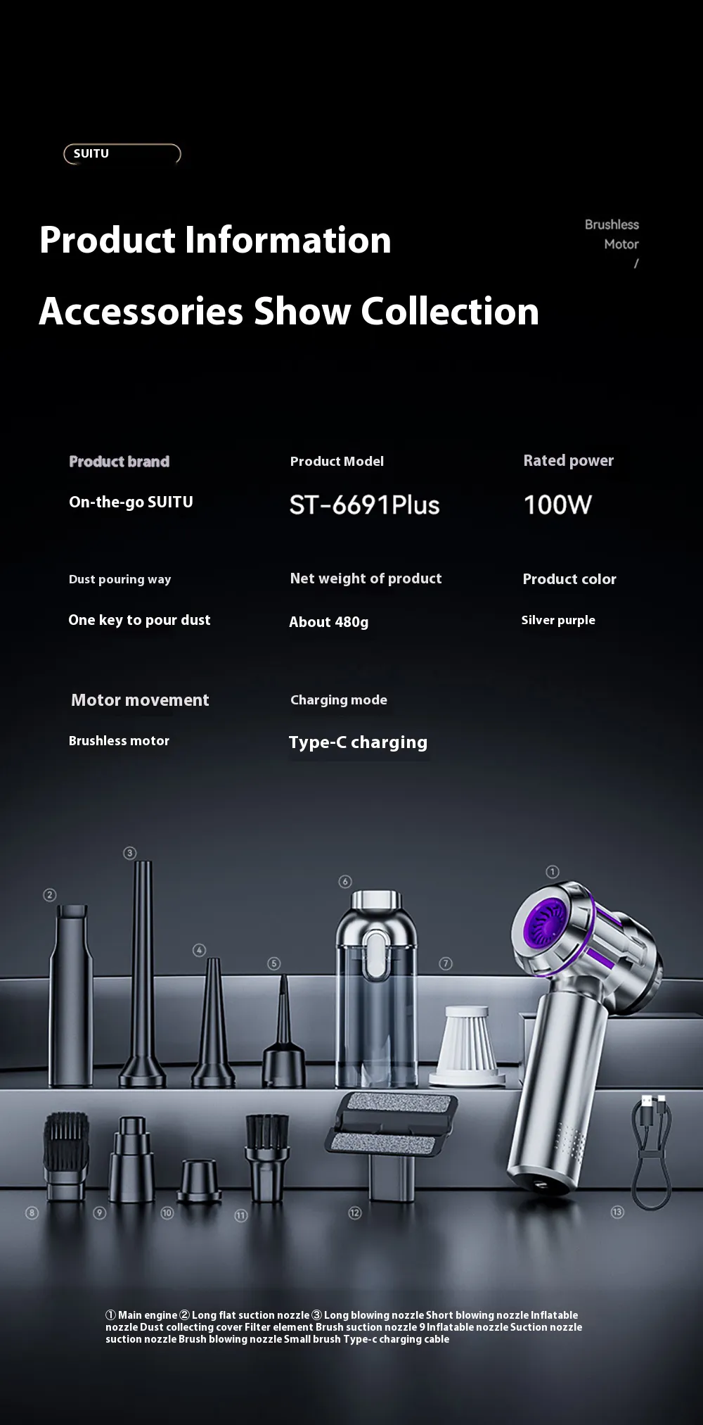 SUITU 100W Brushless Wireless Car Vacuum Cleaner Powerful Suction Wet & Dry Handheld Cleaning Auto Home