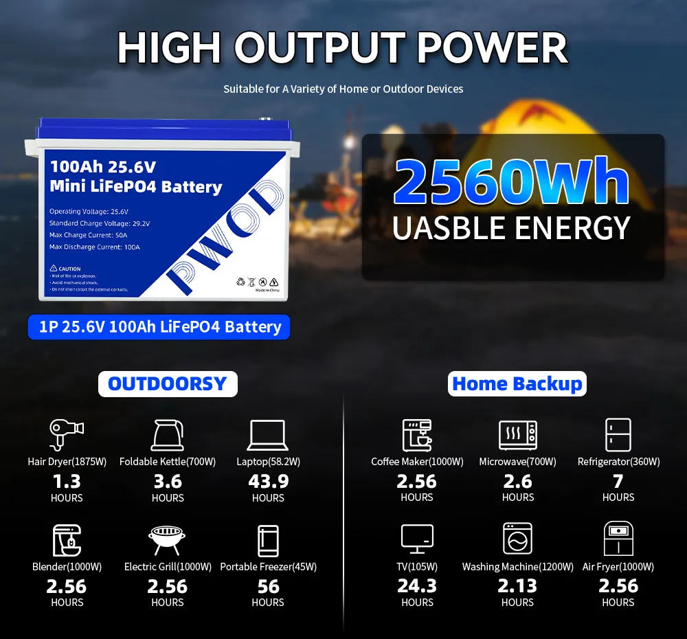 PWOD 25.6V 100Ah 2560Wh Mini LiFePO4 Battery Storage Box RV & Boat Lithium Battery Built-in BMS IP65 Protection
