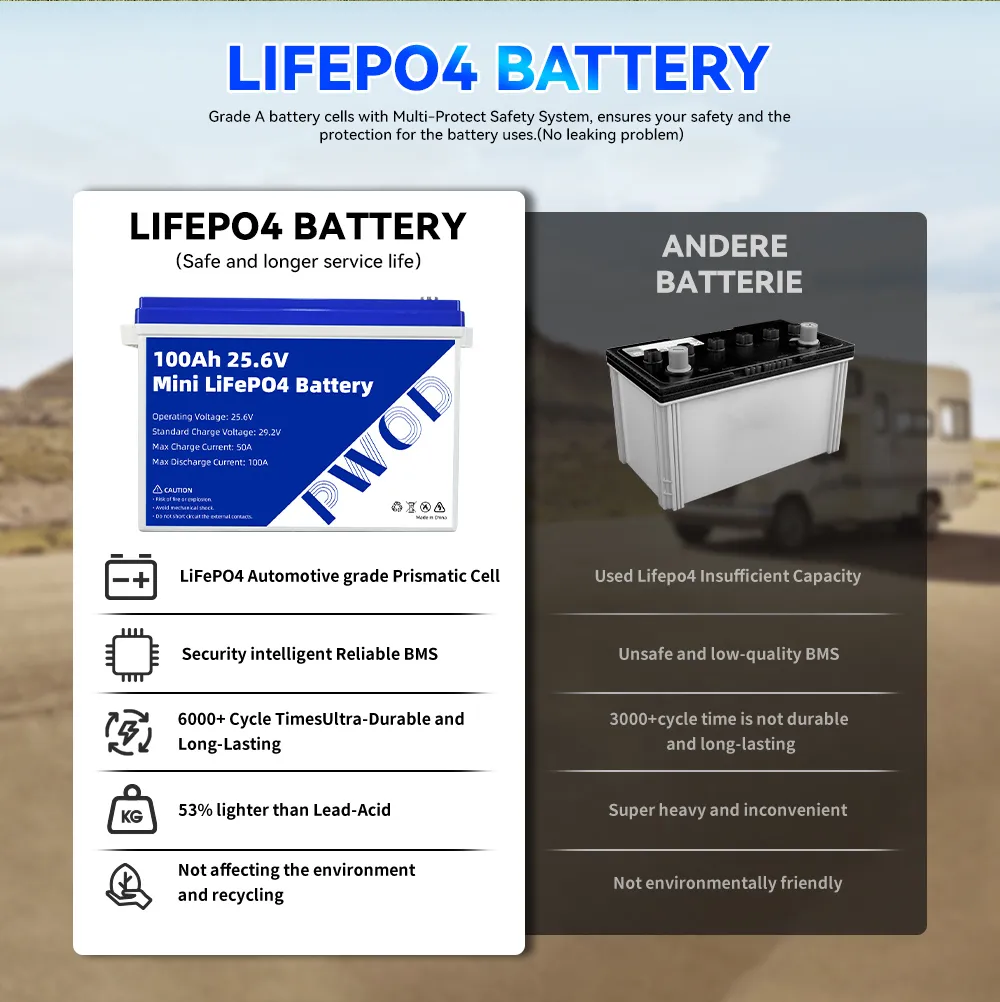 PWOD 25.6V 100Ah 2560Wh Mini LiFePO4 Battery Storage Box RV & Boat Lithium Battery Built-in BMS IP65 Protection