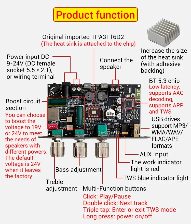Wuzhi ZK-1001U Audio Bluetooth Amplifier Board Mono 100W TPA3116D2 with Treble Bass Control BT 5.3 Versatile Audio Input Wuzhi ZK-1001U Audio Bluetooth Amplifier Board Mono 100W TPA3116D2 with Treble Bass Control BT 5.3 Versatile Audio Input