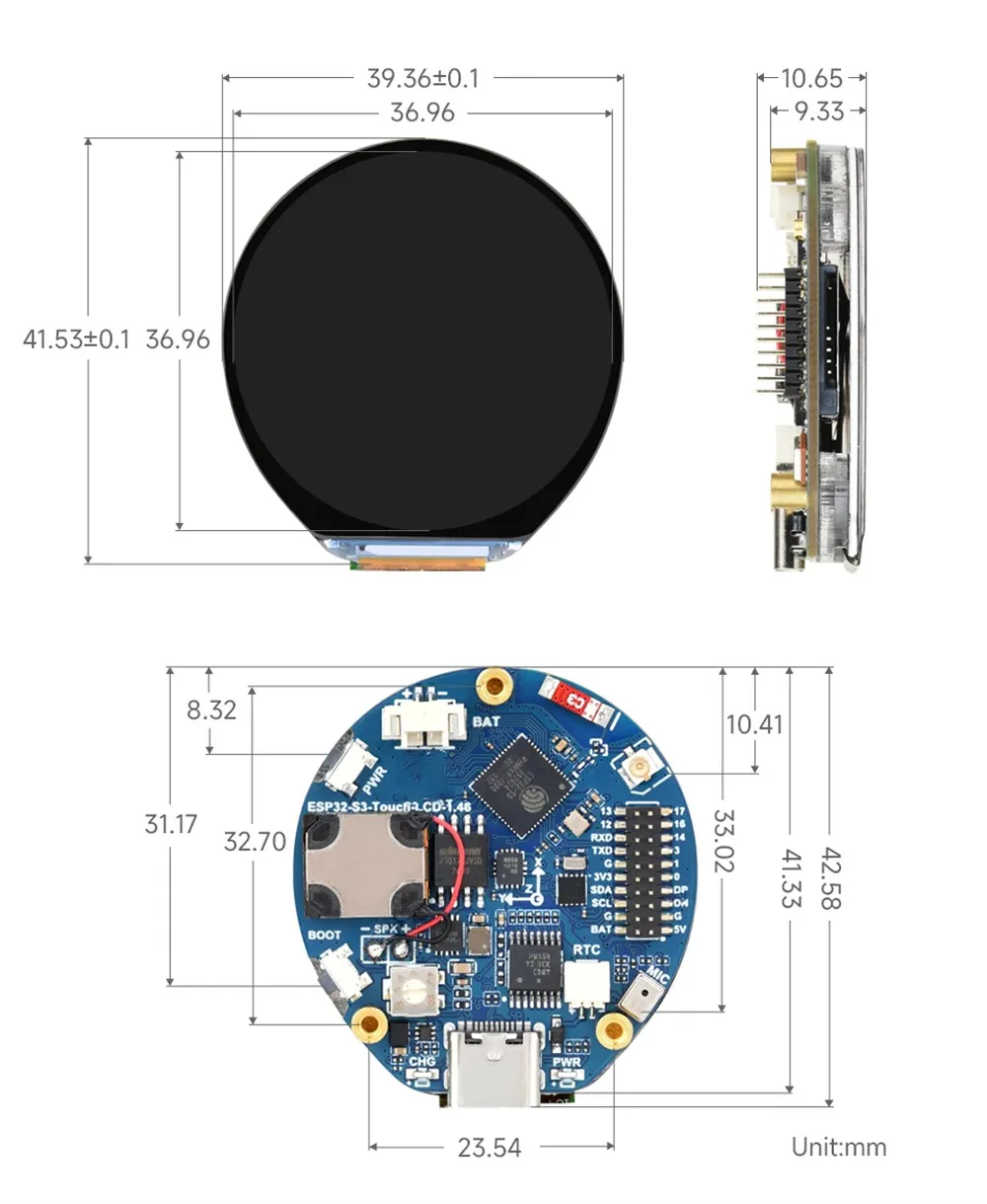 ESP32-S3 Touch LCD 1.46 inch Round Display WiFi Bluetooth Audio Play Dual-Core 6-Axis IMU Gyroscope Development Board