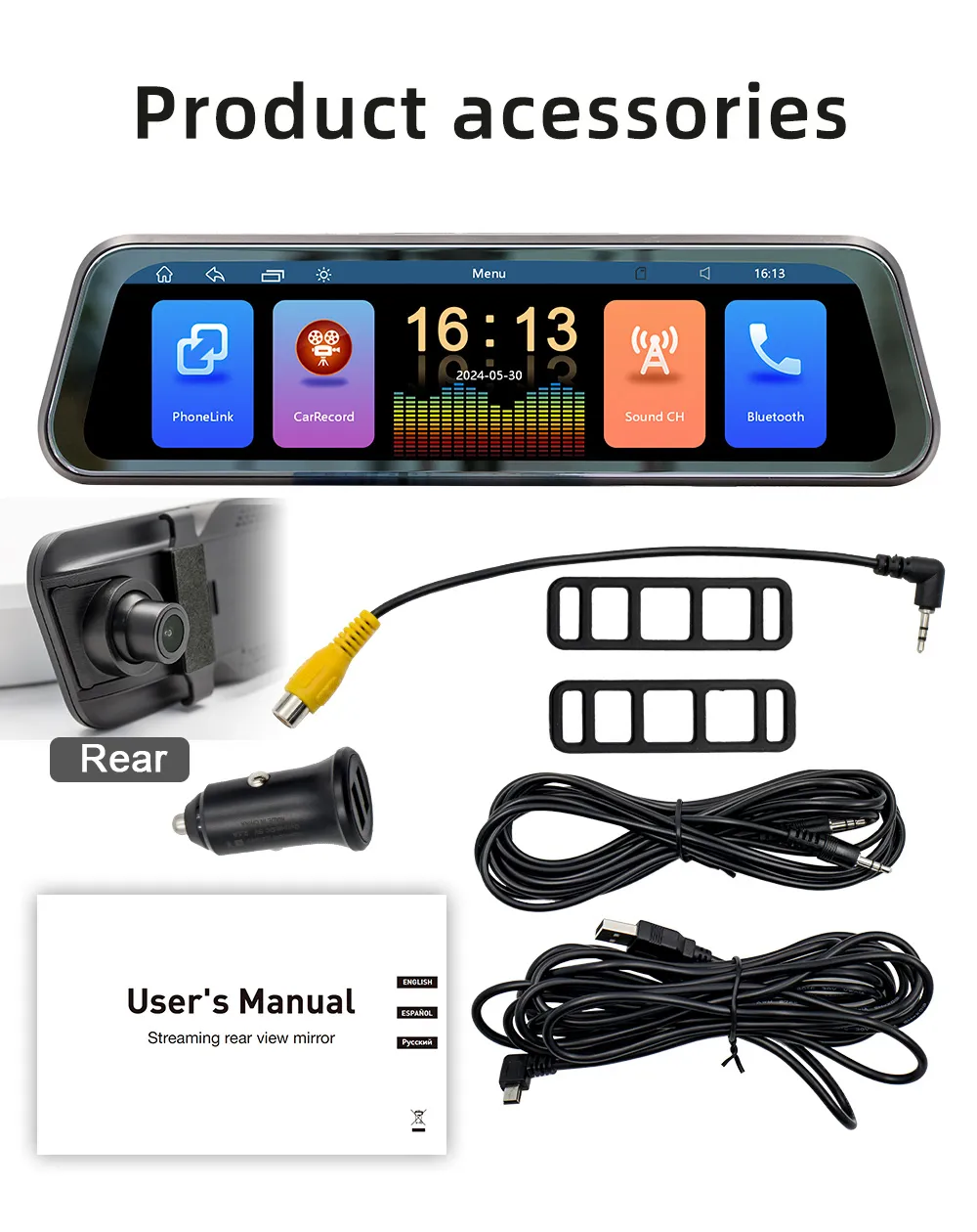 9.36 inch 2.5D Rearview Mirror Dash Cam Touch Screen Carplay Driving Recorder Streaming High Definition Large Screen bluetooth Reversing Rearview Mirror