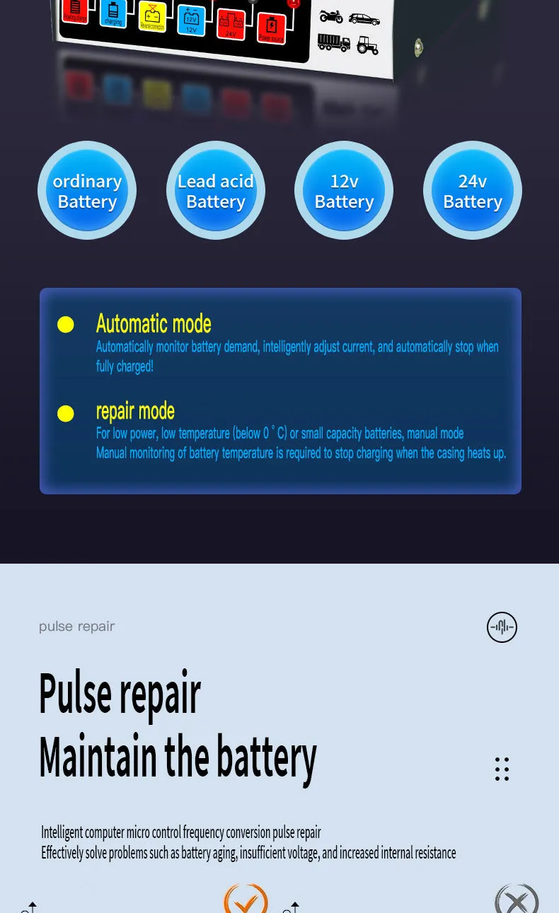 Intelligent Pulse Repair Charger Battery Charging And Repairing Machine 12V 24V Charger Car Battery Charger LED Display Screen