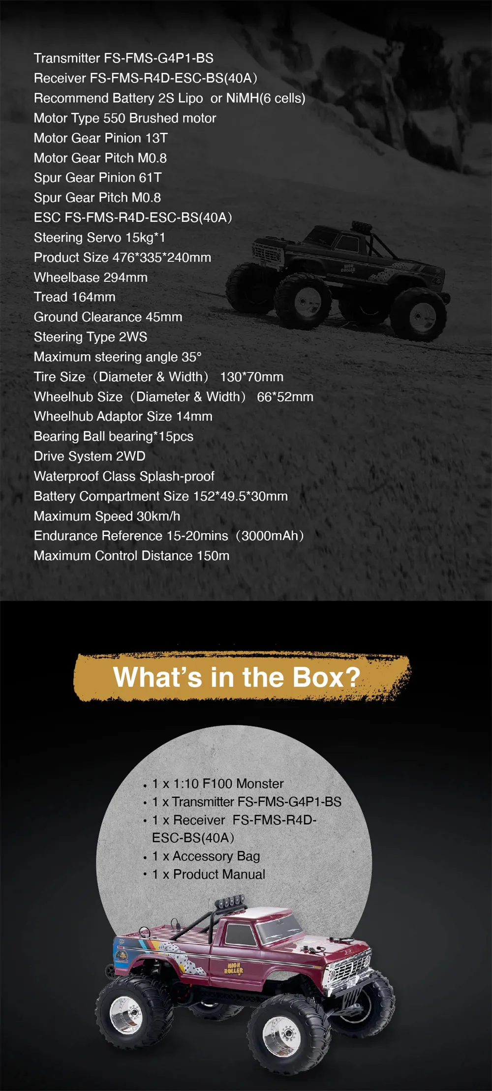 FMS для Ford F100 RTR 1/10 2.4G RWD 30км/ч RC Car Monster Truck Off-Road Full Proportional Vehicles Models Toys