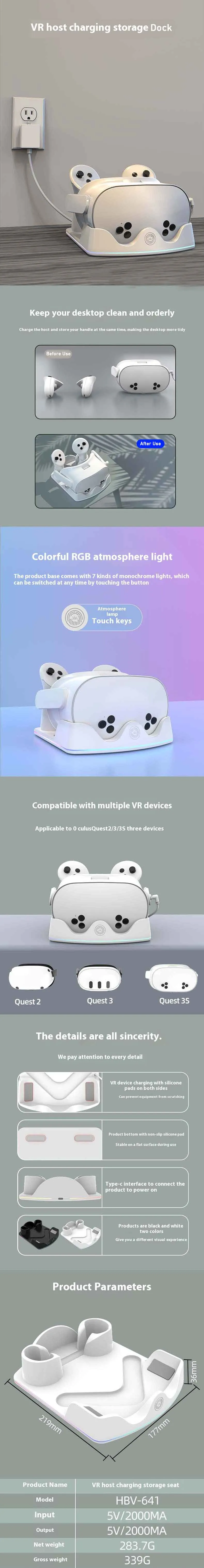 IPLAY HBV-641 Charging Dock for Meta Quest 3S Charging Stand with RGB Light VR Headset Display Stand and Dual Controller Charger Mount Controller Holder