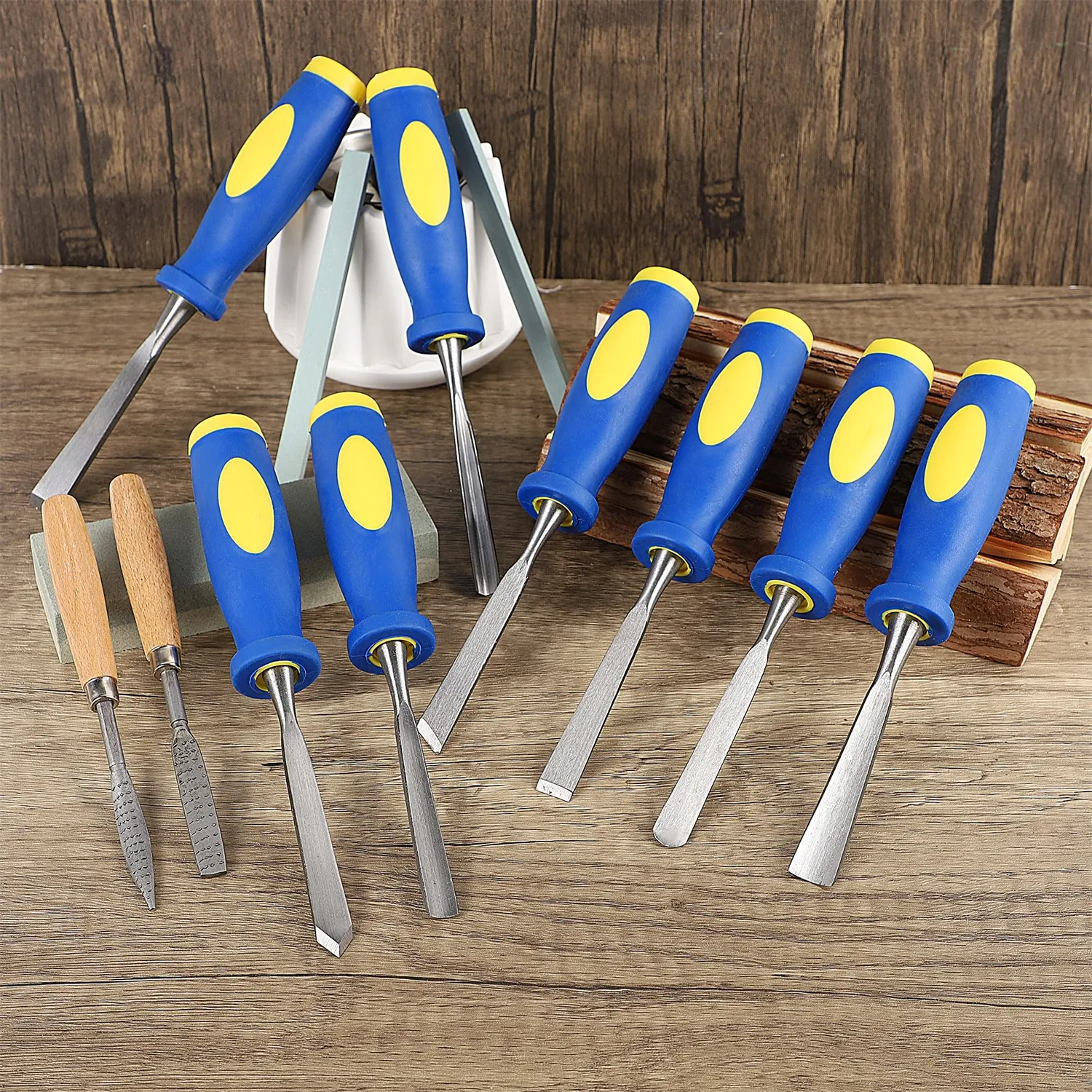 13 PCS Wood Chisel Set Carbon Steel Blades Rubber Handles Including Rasps Sharpening Stones and Canvas Bag for Woodworking Carving 13 PCS Wood Chisel Set Carbon Steel Blades Rubber Handles Including Rasps Sharpening Stones and Canvas Bag for Woodworking Carving